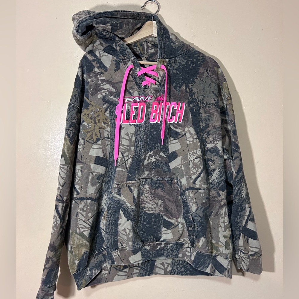 RARE Team Sled B*tch Camo Hoodie w/ Pink Lace Up Drawstring Size XL EUC